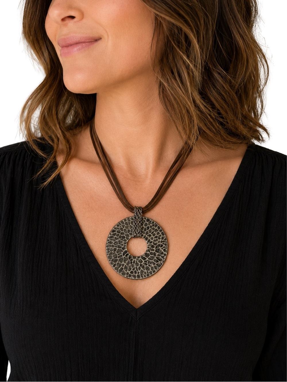 Reversible Textured Circle Pendant Necklace | Brown Multi-Strand Cord | Gunmetal - Picture 3 of 13